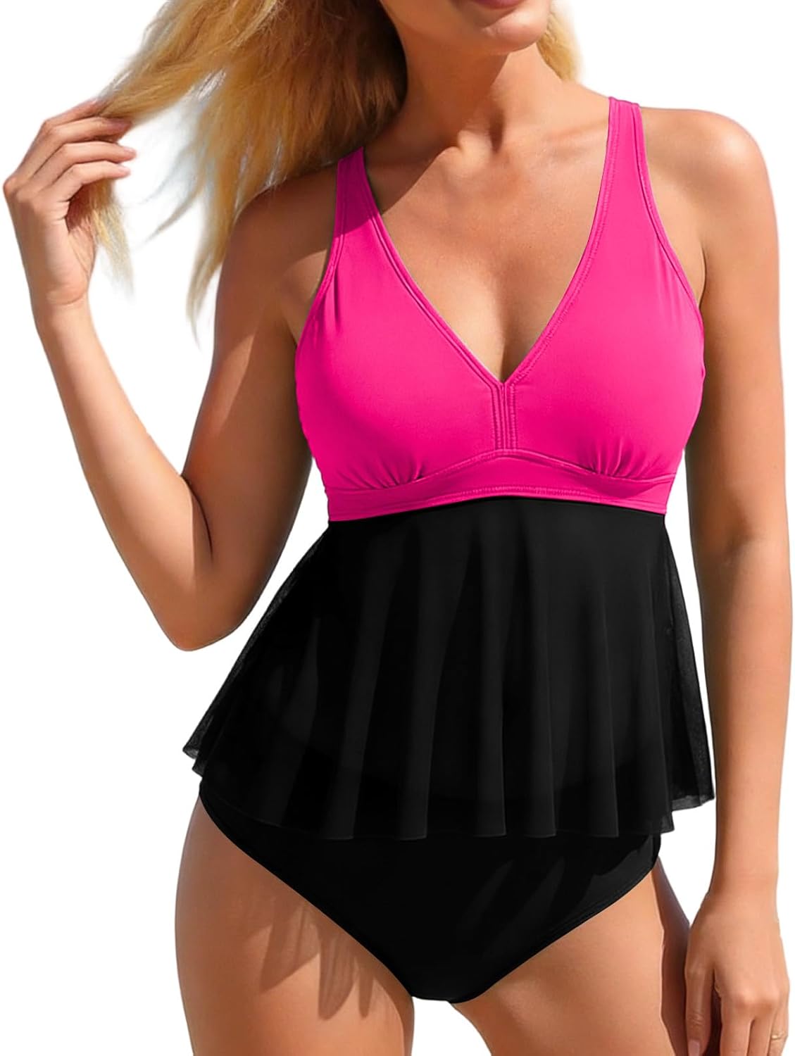 YRAETENM Women's Tankini Swimsuits Two Piece Tummy Control Bathing Suits Ruffled V Neck Swim Tops with High Waisted Bottom