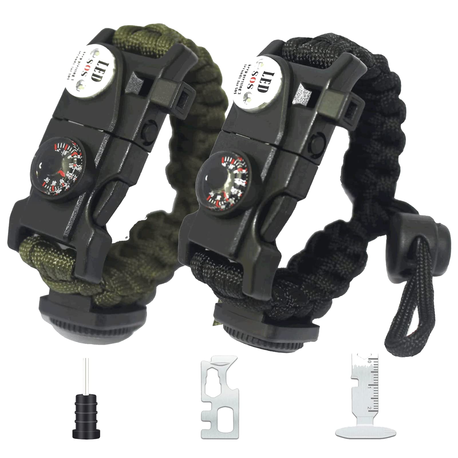 OMIRA 2 PCS Survival Paracord Bracelet, 20 in 1 Adjustable Ultimate Tactical Survival Gear Set Outdoors, Multifunctional Tactical Emergency Gear Kit with LED SOS Light, Compass, Whistle, Igniter