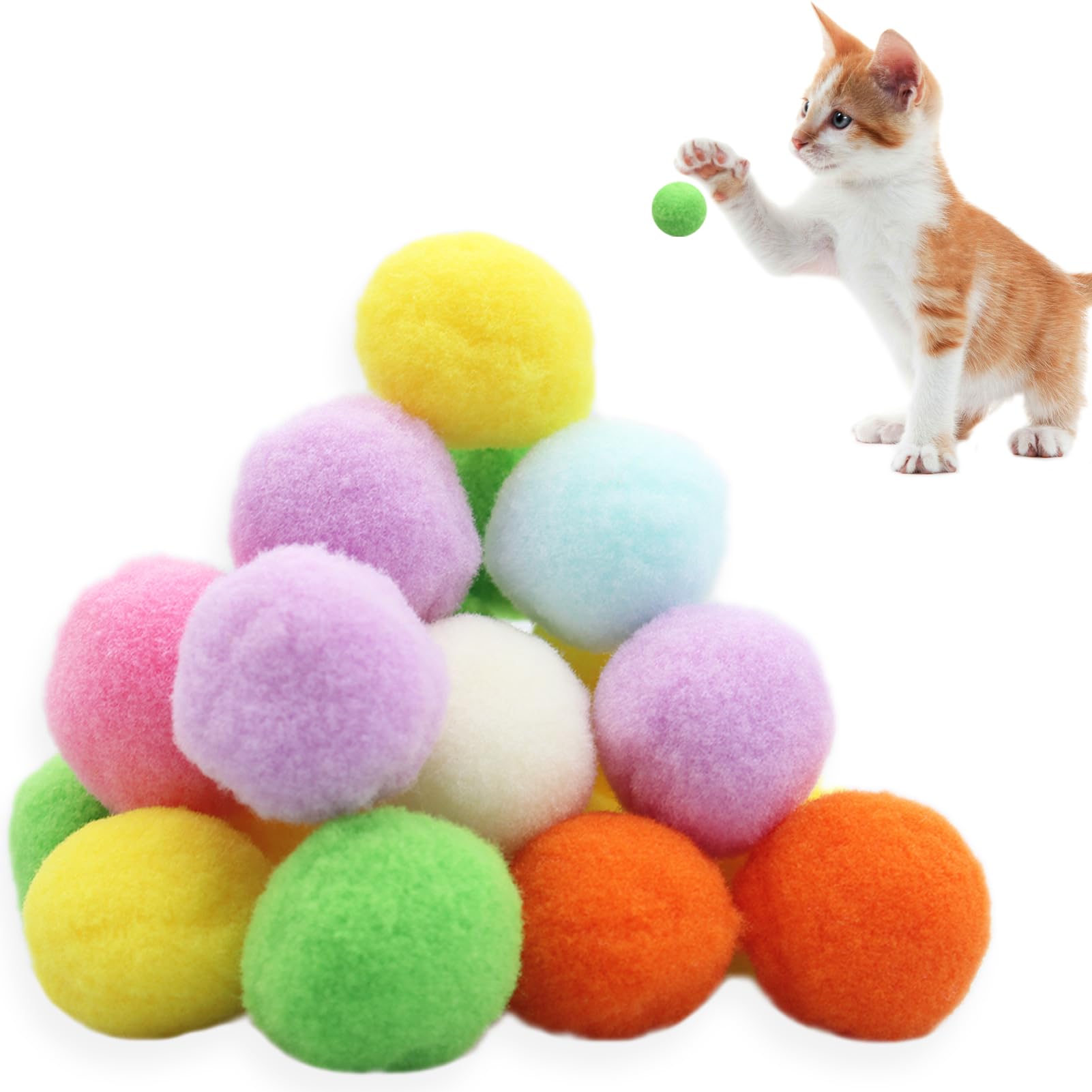 CDRPD 20 Piezas Gatos Pelotas,Pompones para Gatos,Suaves Pompones para Gatitos,Silenciosa,Pompones Bolas Interactivo para Gatos,para Animal Doméstico Gatos Bola,Vistoso,3 cm