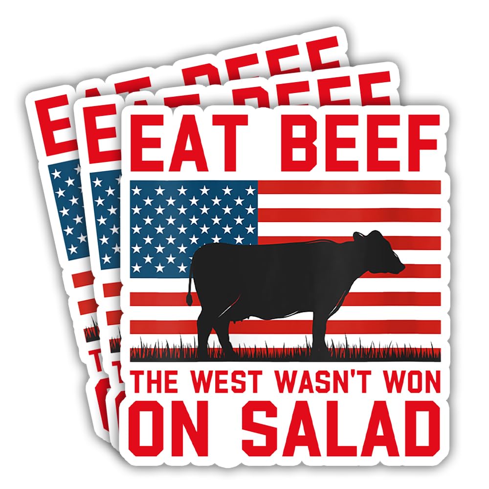 SODAVA (Set of 3) Eat Beef The West Wasn't Won On Salad Sticker BBQ Smoker Grilling Pitmaster Barbecue American Flag Sticker BBQ Smoking Meat Lover Sticker Gift Decoration Bumper Sticker
