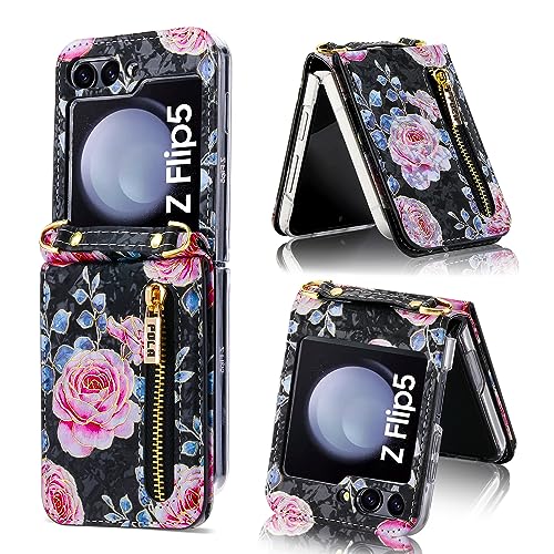for Samsung Galaxy Z Flip 5 Flower Credit Card Holder Wallet Case with Strap, Rose Pattern Crossbody Purse Floral Kickstand for Women, Cute and Charming.(Black) Black Galaxy Z Flip 5