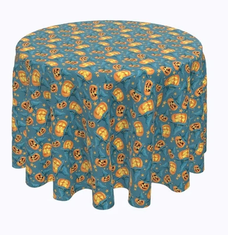Halloween Table Runner Round Cloth | Fall Geometric Spooky Pumpkin Witch Hat & Stars Pattern ,Autumn Themed | Lightweight Picnic Home Party | Wrinkle & Stain Proof Size:96" L x96 W, Orange Green