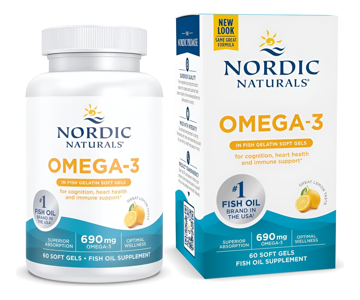Nordic NaturalsOmega-3 in Fish Gelatin, Lemon Flavor - 60 Fish Gels - 690 mg Omega-3 - Fish Oil - EPA & DHA - Immune Support, Brain & Heart Health, Optimal Wellness - Non-GMO - 30 Servings