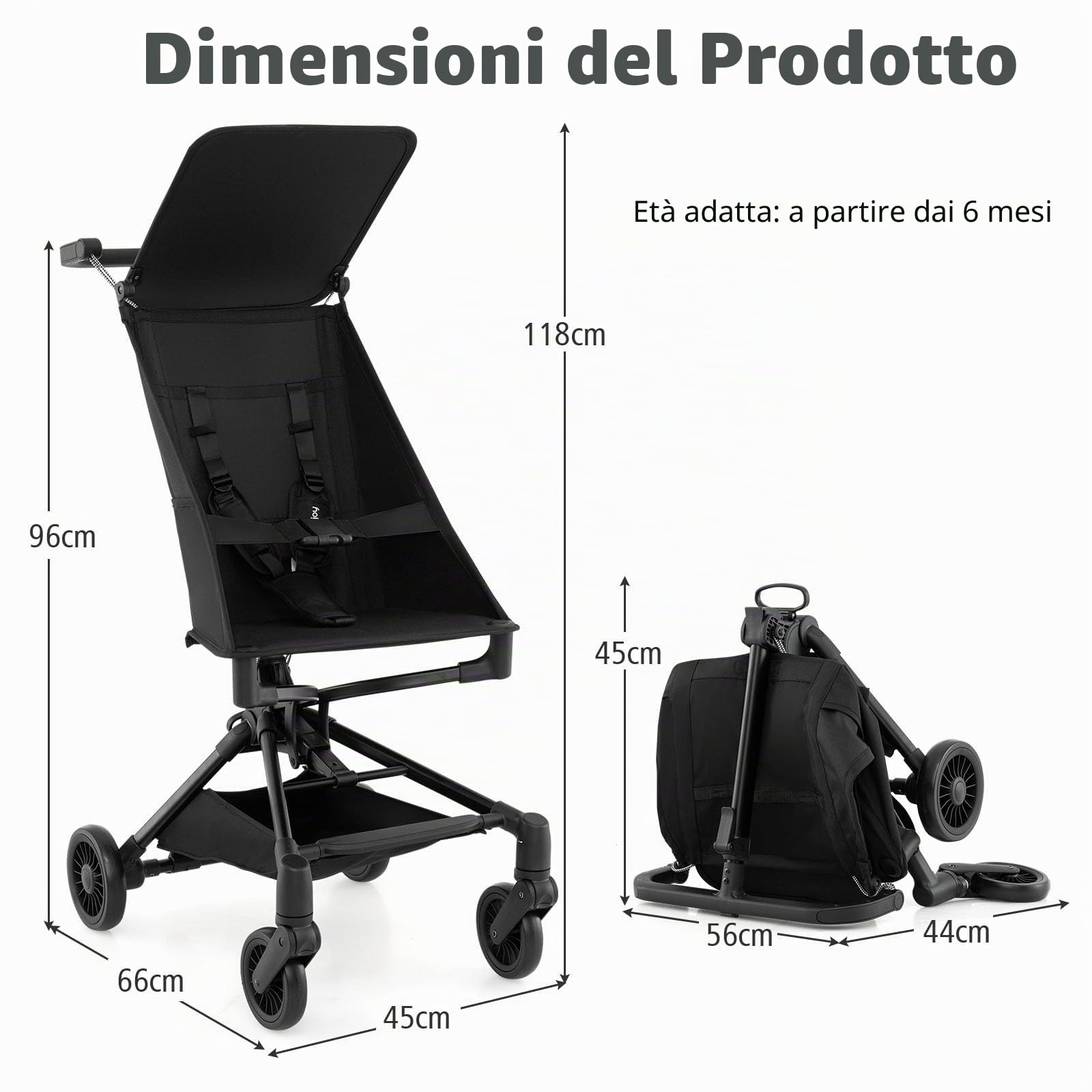 LIFEZEAL Passeggino Ultraleggero 5kg per Bambini 6-36 Mesi, Passeggino Compatto a Ombrello, per Viaggio, Aereo, Pieghevole, Regolabile, con Cintura di Sicurezza, Ruote, Freno, Parasole, Cesto, Nero