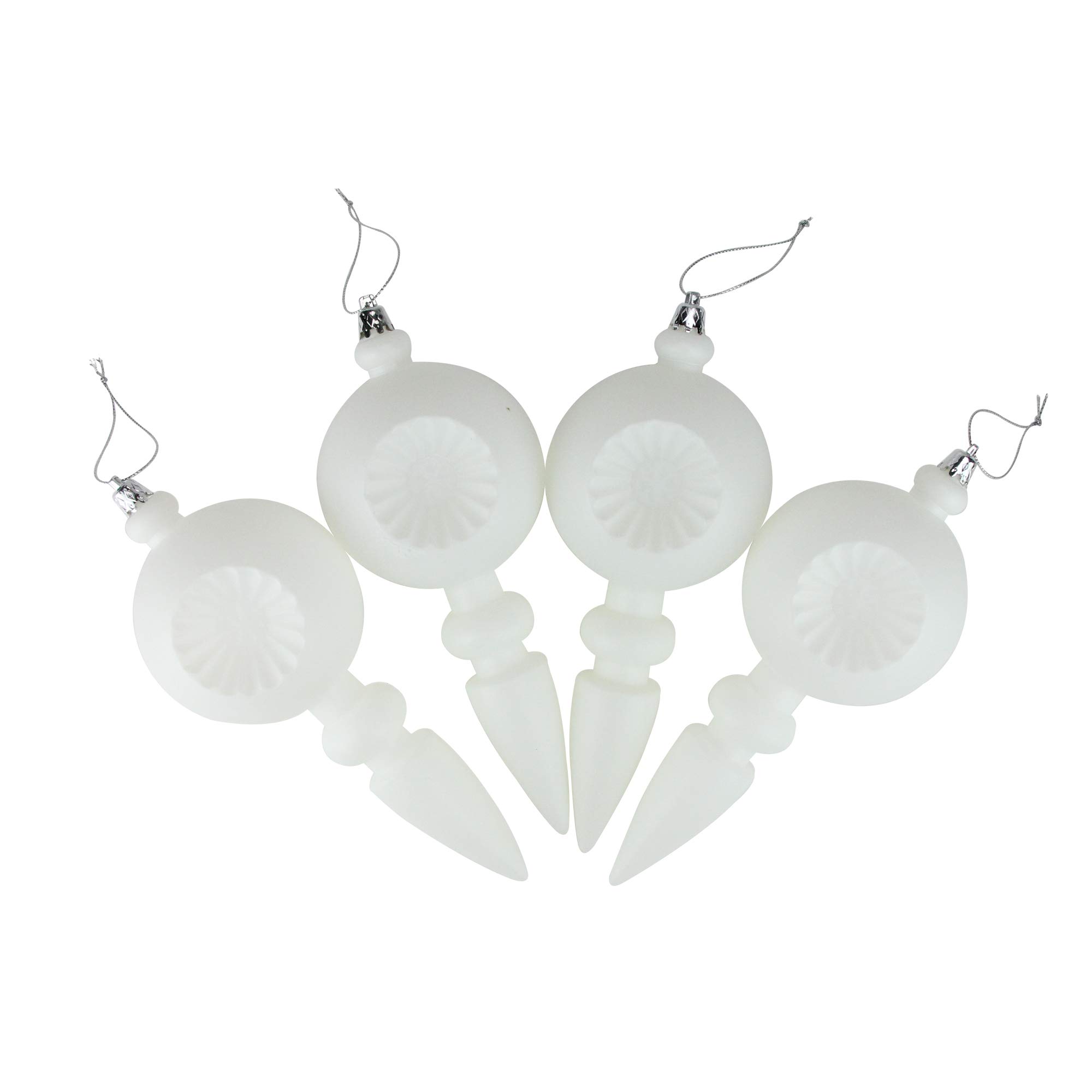 DAK 4 Count Matte White Retro Reflector or Shatterproof Christmas Finial Ornaments, 7.5"