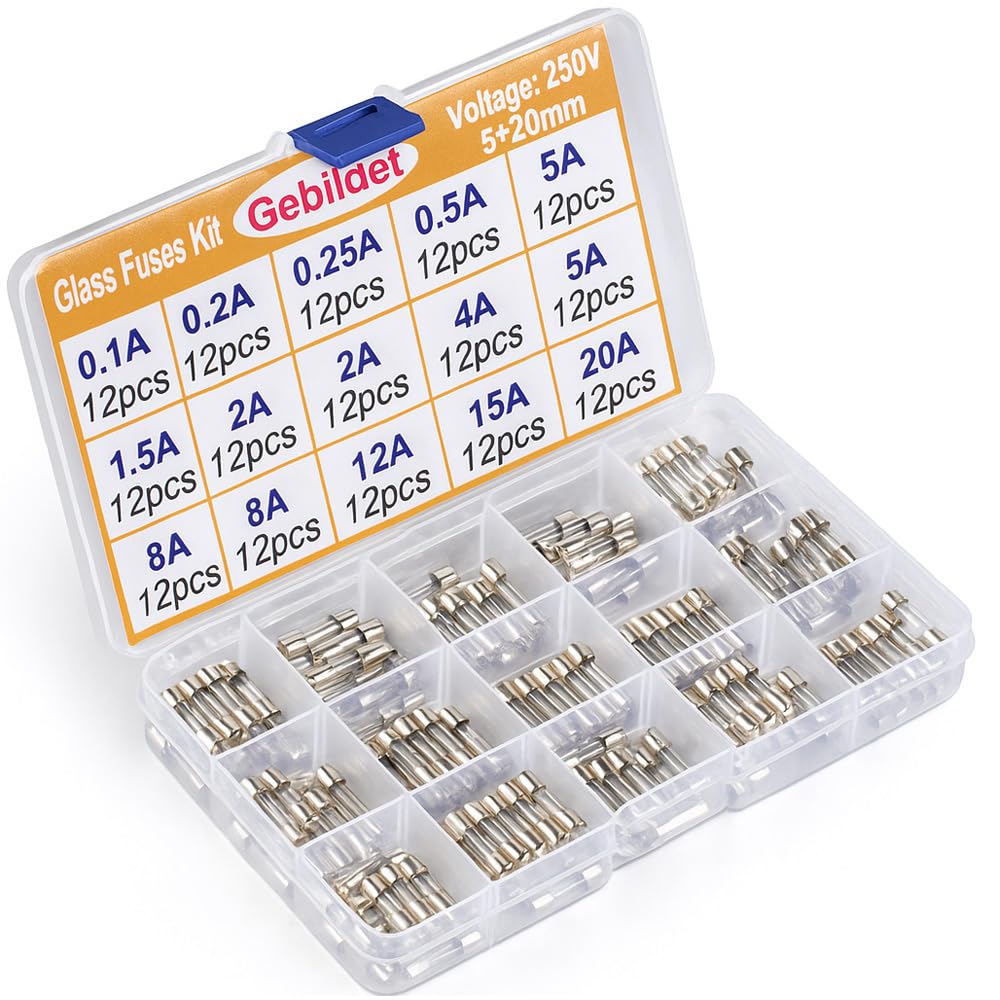 Gebildet 15 Valores 180pcs 5×20mm 250V Fusibles de Tubo de Vidrio Juego de Surtido(0.1A/0.2A/0.25A/0.5A/1A/1.5A/2A/3A/4A/5A/8A/10A/12A/15A/20A,Cada 10pcs)