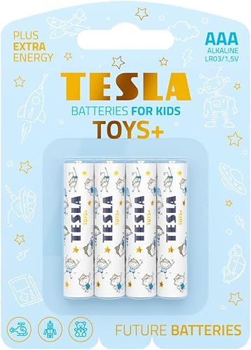 Tesla Toys+ Baterías para niños, pilas alcalinas AAA de máxima potencia, 10 años de vida útil, una batería de larga duración, sin fugas, LR03, 4