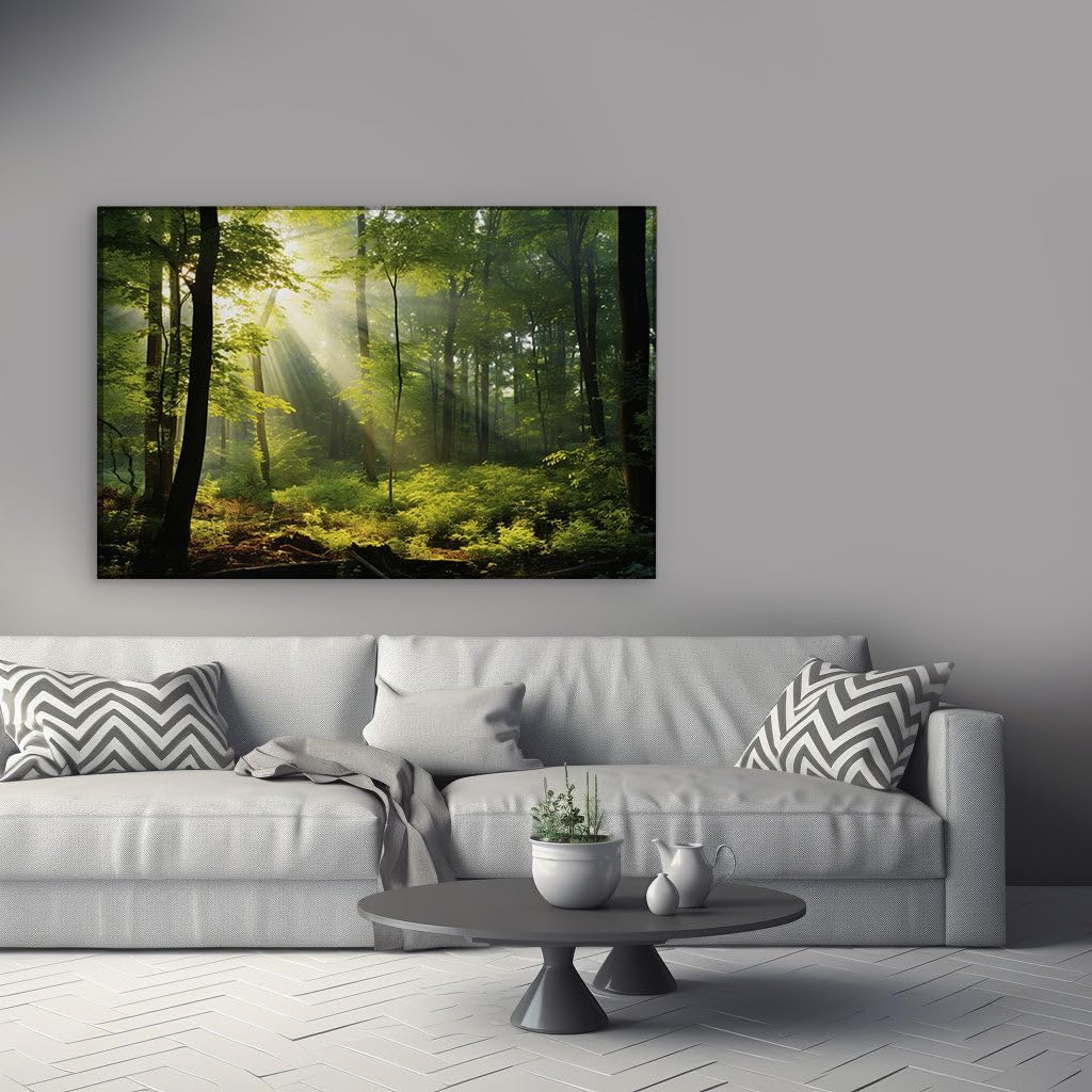 Canvas for Living room. Mystical Dawn in the Enchanted Forest: A Journey Through Mist and Greenery, 27 x 18 inch Canvas Wall Art - Ready to Hang - 69x46 cm (27x18 inch)