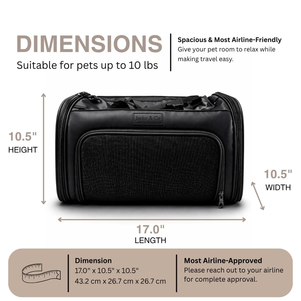 JACKO & CO - Premium Dog & Cat Carrier up to 10lbs, TSA Airline Approved with Luggage Loop, Soft-Sided Travel Carrier Bag for Pets, Small Dogs, Puppies, Kittens, Ventilated Windows & Fully Collapsible