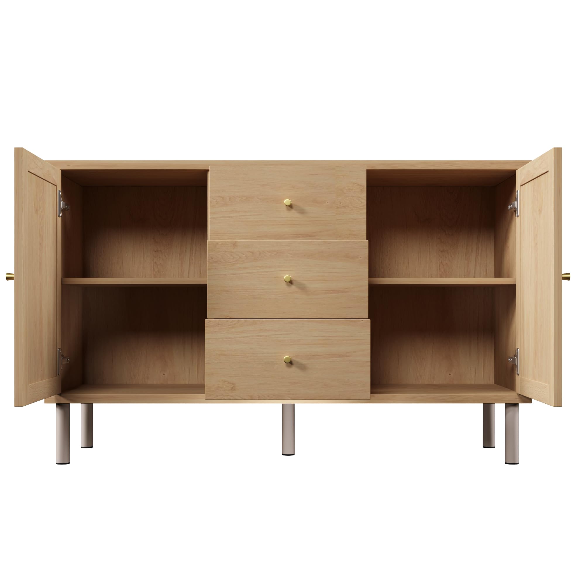 Credenza in stile rustico 120x40x75 cm, color rovere, con 2 ante, 3 cassetti, ripiani regolabili in altezza, gambe in metallo, sistema antiribaltamento, credenza per soggiorno, ingresso, cucina.