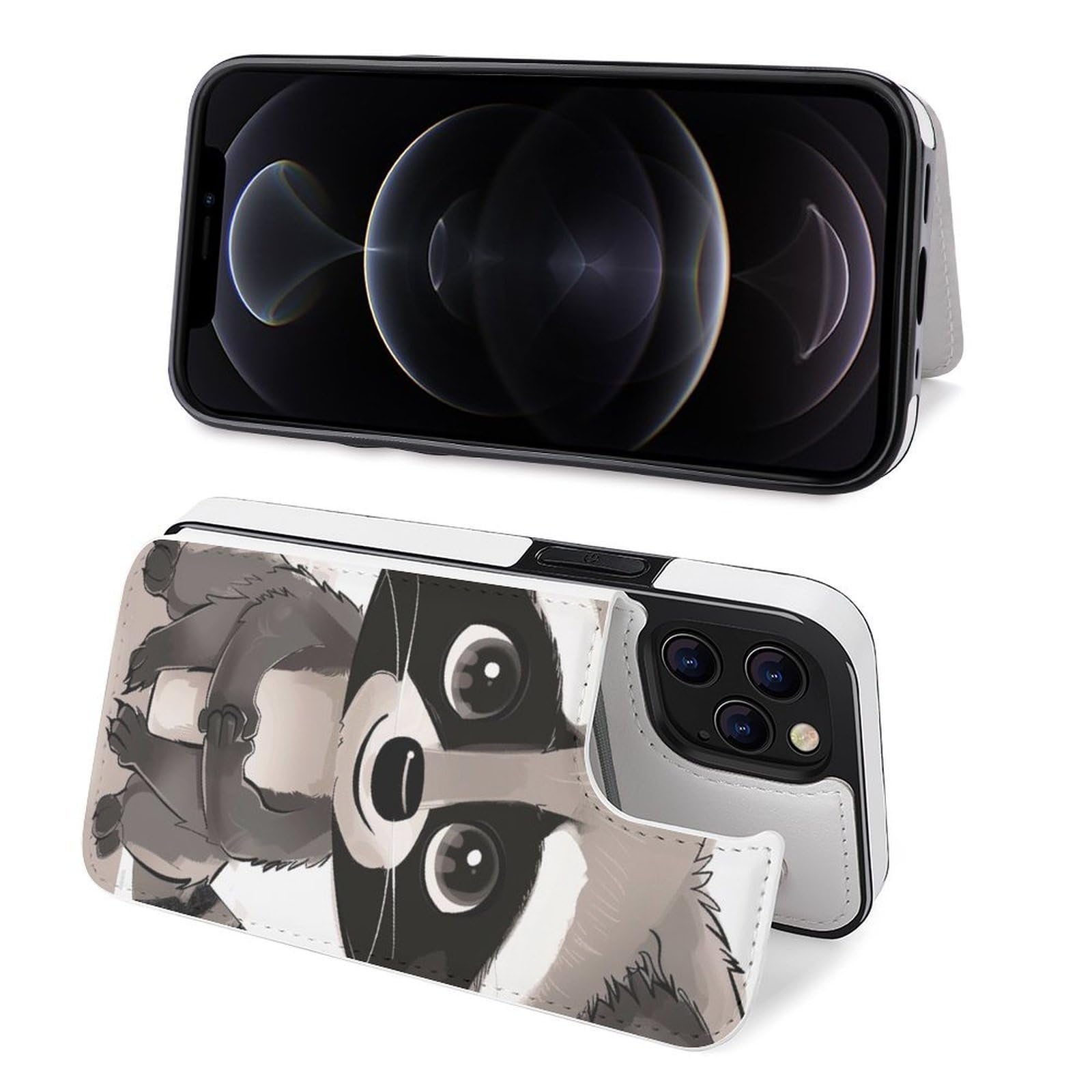 Fundas tipo cartera para iPhone 12 Pro Max, diseño de dibujos animados con estampado de mapache con ranuras para tarjetas