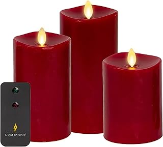Luminara Realistic Flameless LED Candle Burgundy Set of 3, Battery Operated with Remote Control, Moving Flame Pillar Timer Funtion Melted Top Safe