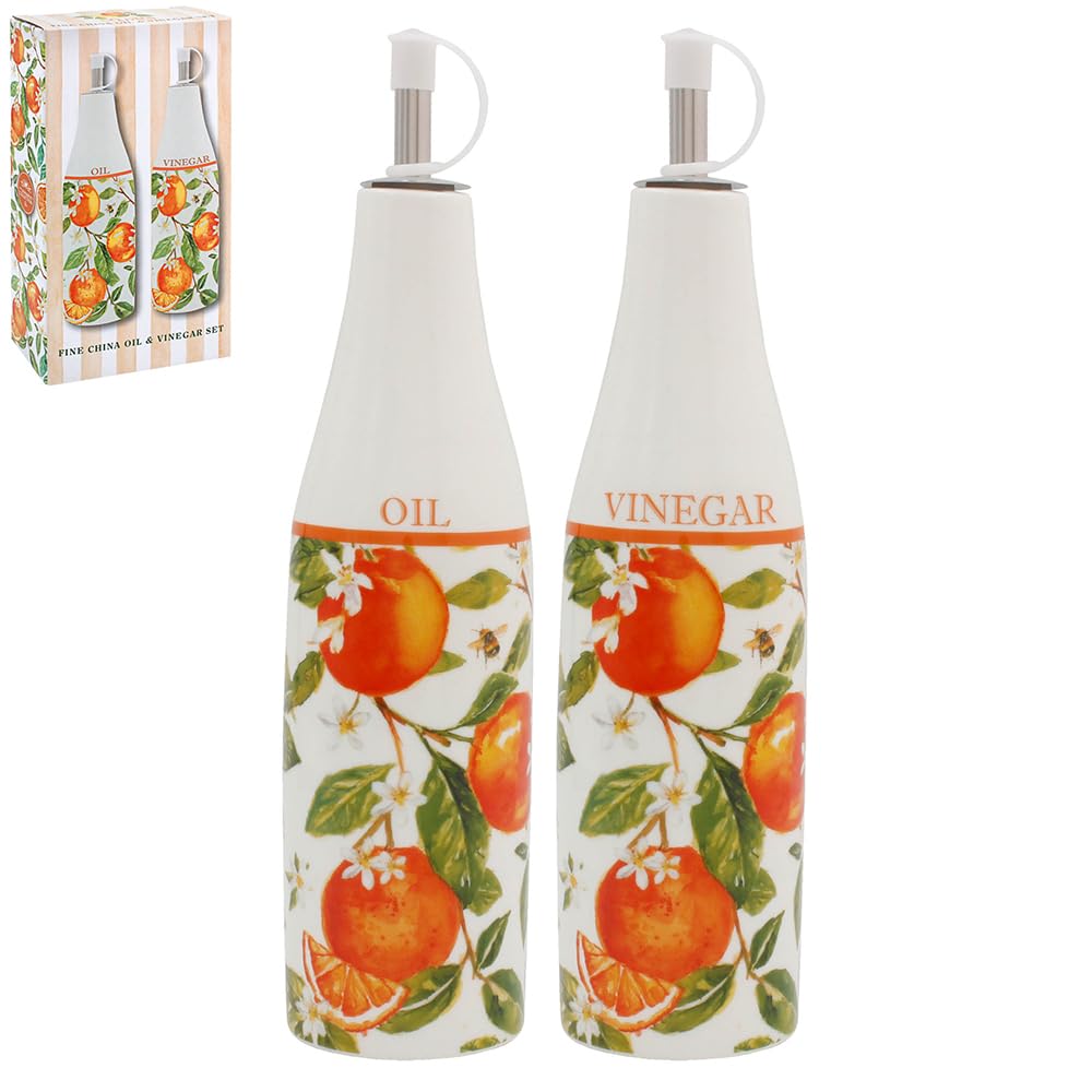 The Leonardo Collection Oranges & Lemons Jennifer Rose Oranges & Lemons Oil & Vinegar Dispencer Stoneware 2 x 300ml For Home and Kitchen | Oil Bottle and Vinegar Dispenser Bottles Set for Cooking
