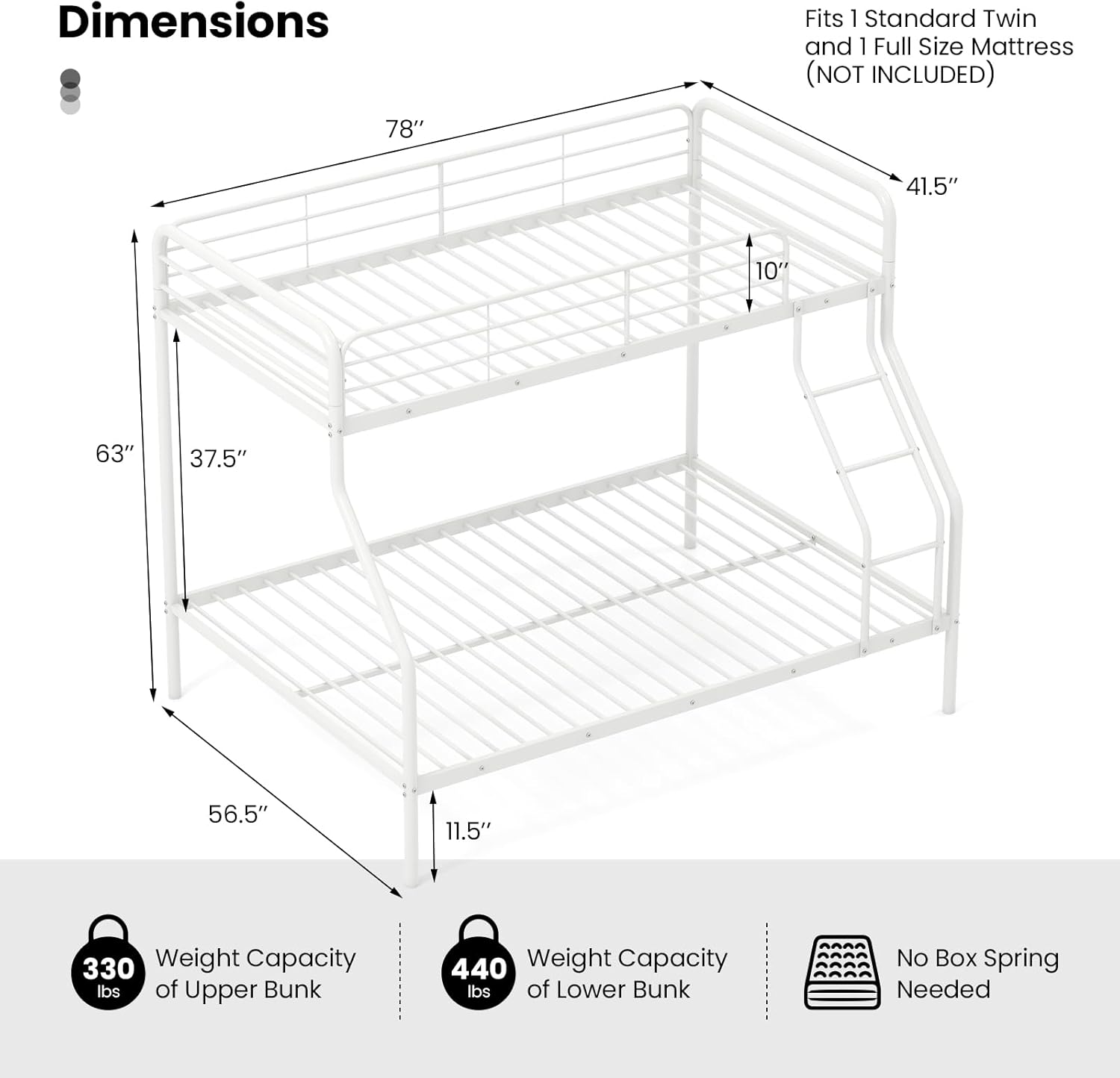 GORELAX Twin Over Full Bunk Bed, Metal Bunk Beds with Sturdy Guard Rail & Ladder, No Box Spring Needed, Noise Reduced & Space Saving, Bunk Bed Frame for Dorm, Apartment (White)