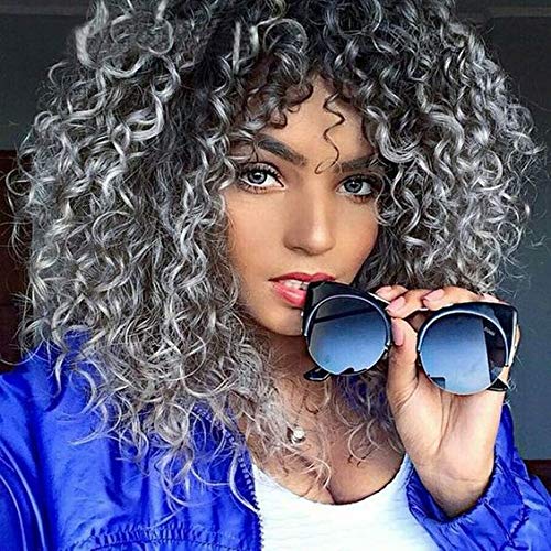 UQINZ Short Ombre Grey Kinky Curly Synthetic Hair Full Wigs with Bangs for Black Women