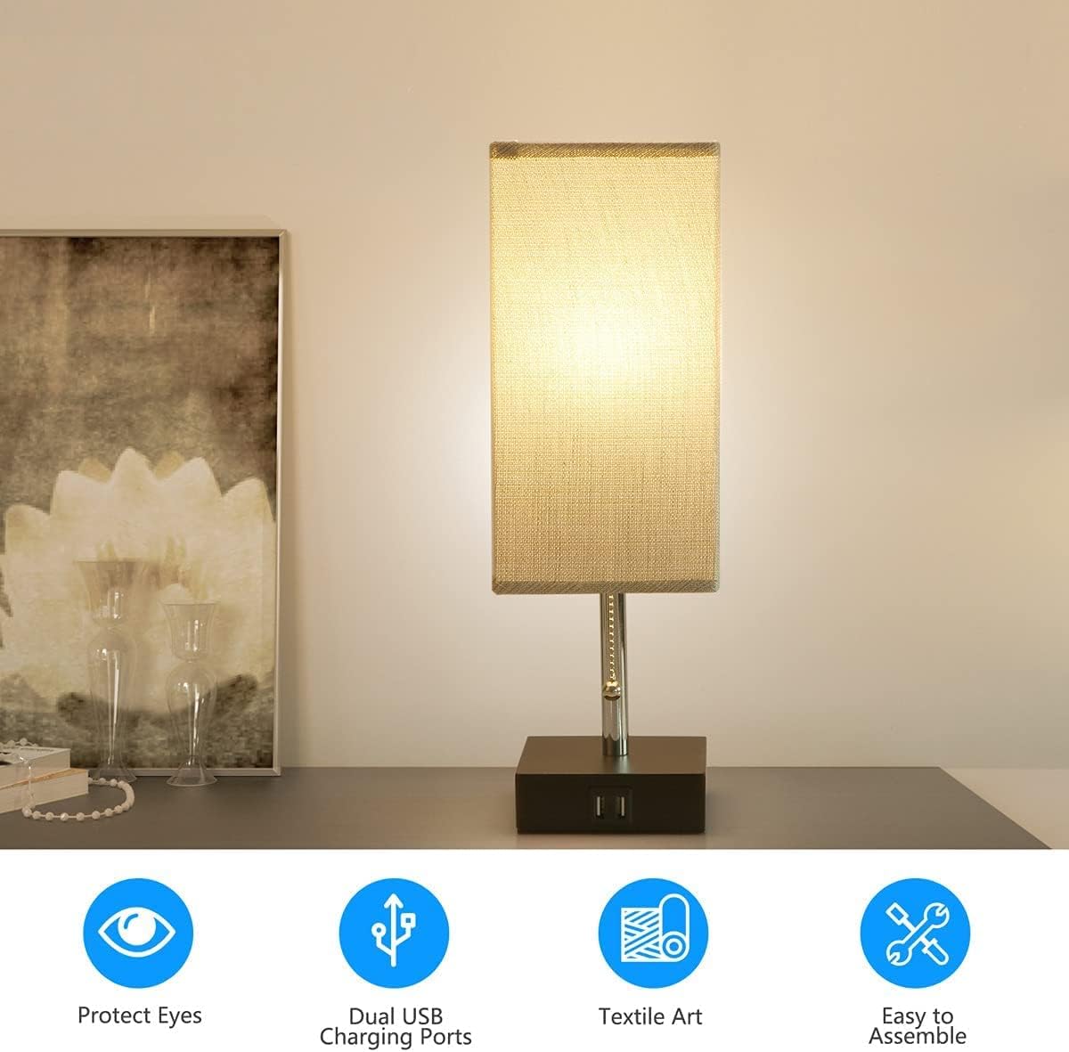 Soilsiu Bedside Table Lamp Bedroom Lamp with 2 USB Ports Solid Wood Nightstand Lamps with Fabric Shade (Grey - Pull Chain, 4.9" Width)