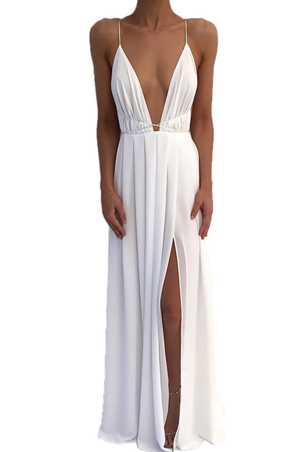 Boutiquefeel Womens Chiffon Spaghetti Strap Deep V Neck High Slit Maxi Dress White