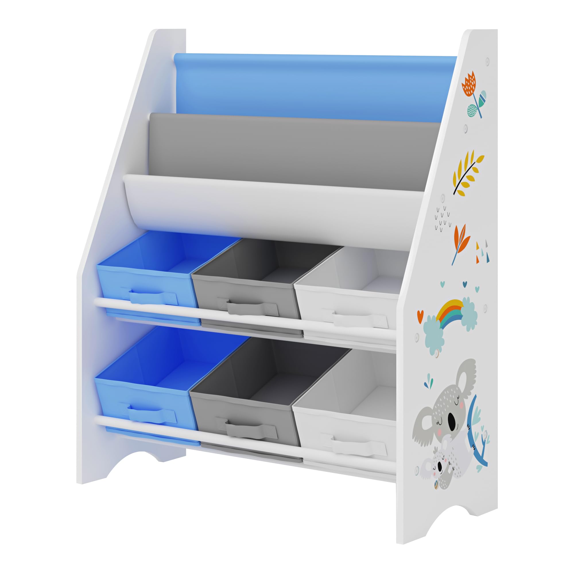 [en.casa] Scaffale per Cameretta con Contenitori Morbidi per Libri e 6 Cassetti Pieghevoli (AxLxP) 74 x 62 x 26,5 cm Mobile a Misura di Bimbi - Decorazione Koala - Blu/Bianco