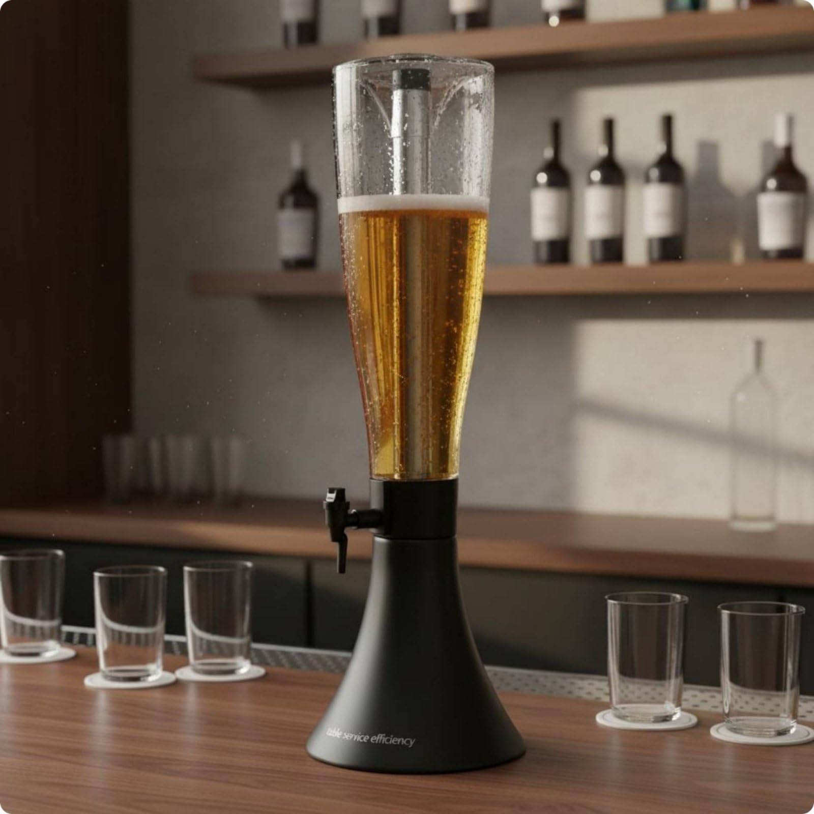 Dispensador de Cerveza de Acrílico Multiuso Dispensador Bebida con Grifo Base Estable Torre Bebida Madera para Bartenders, Fiestas, Moderno Con Base Negra