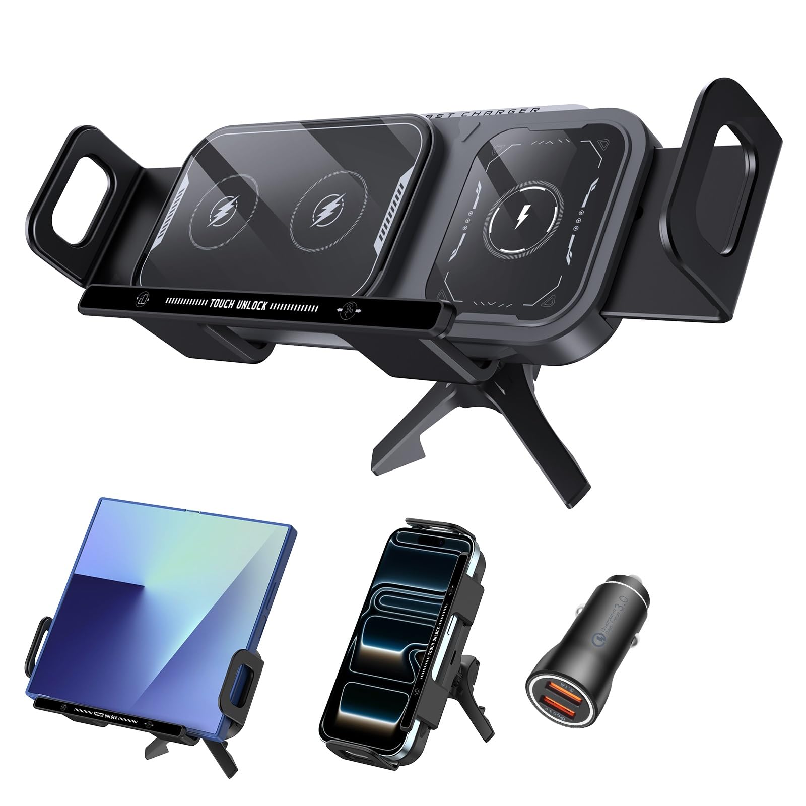 15W Cargador Inalámbrico Coche, Qoosea Doble Bobinas Qi Automática Sujeción Soporte Movil Coche Cargador Inalámbrico Carga Rápida para Rejilla con Galaxy Z Fold 7/6/5/4/3/2 Z Flip 7/6/5/4/3 iPhone