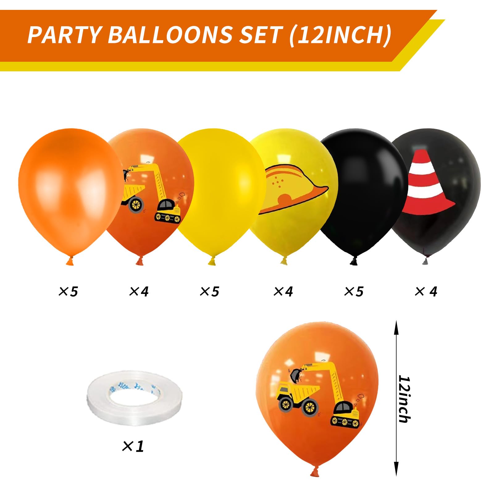 Construction Balloons, 12 inch Black Orange Yellow Balloons,Excavator Helmet Warning Printed Latex Balloons for Construction Party Birthday Truck Theme Baby Shower Boys Party Supplies