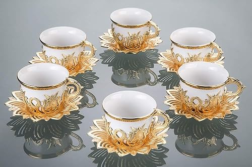 LaModaHome Juego de 6 tazas de café con platillos de porcelana turca árabe griego y platillo, taza de café para mujeres, hombres, adultos,