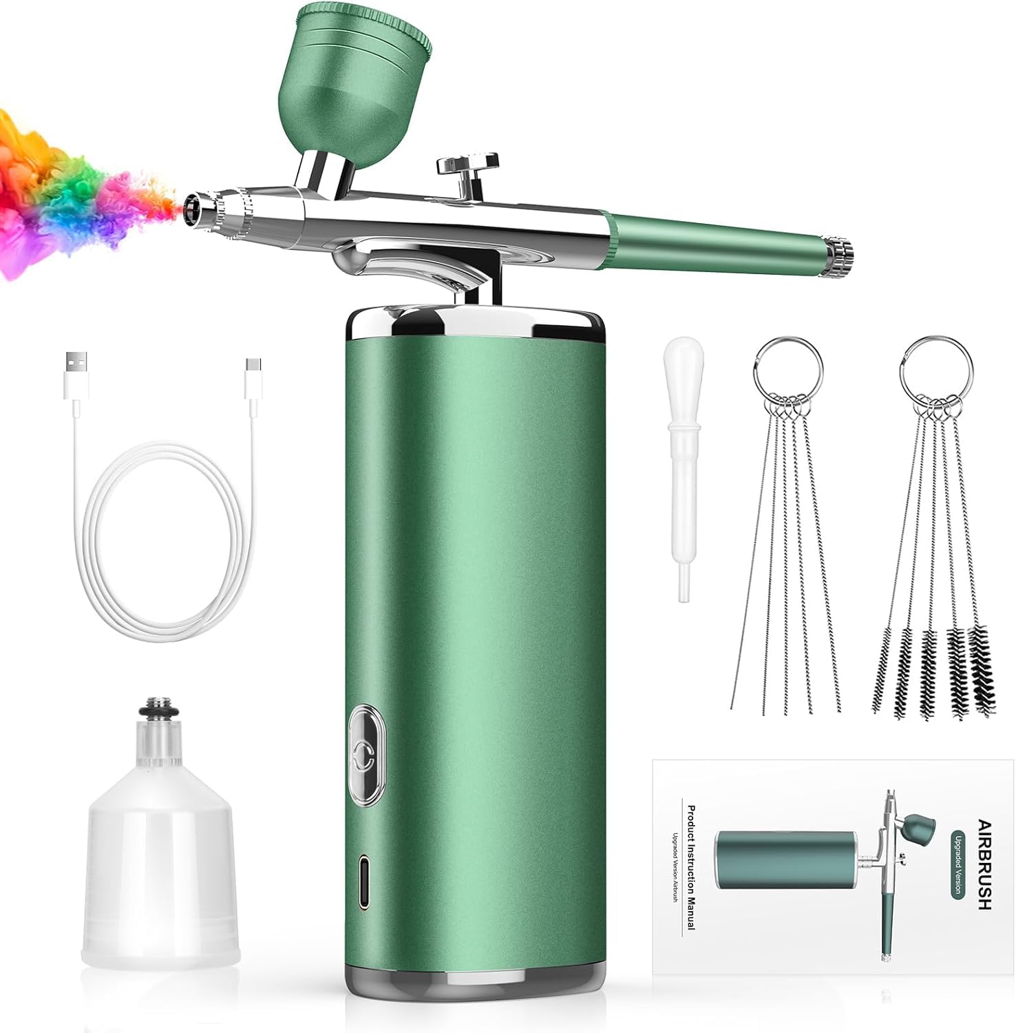 Airbrush Kit with Compressor - Rechargeable Cordless Airbrush for Nails Paint Tattoo Art Makeup Painting Cake Decor Non-Clogging High-Pressure Air Brush Set with 0.3mm Nozzle (Green)