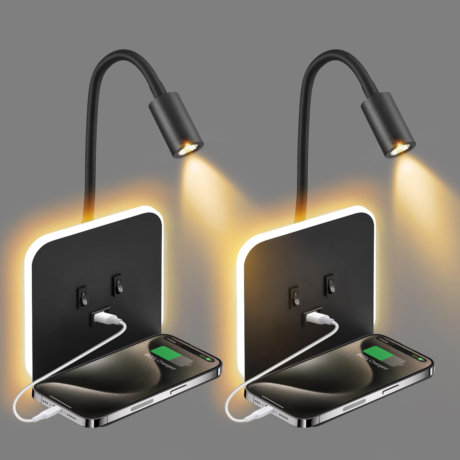 2Pcs LED Wandleuchte Innen mit USB Ladeanschluss, Schalter & Tablett,12W Touch Dimmbar Wandlampe, 360°Drehbare Leselampe Wandmontage, Nachttischlampe, Wandleselampe für Schlafzimmer Wohnzimmer(01)