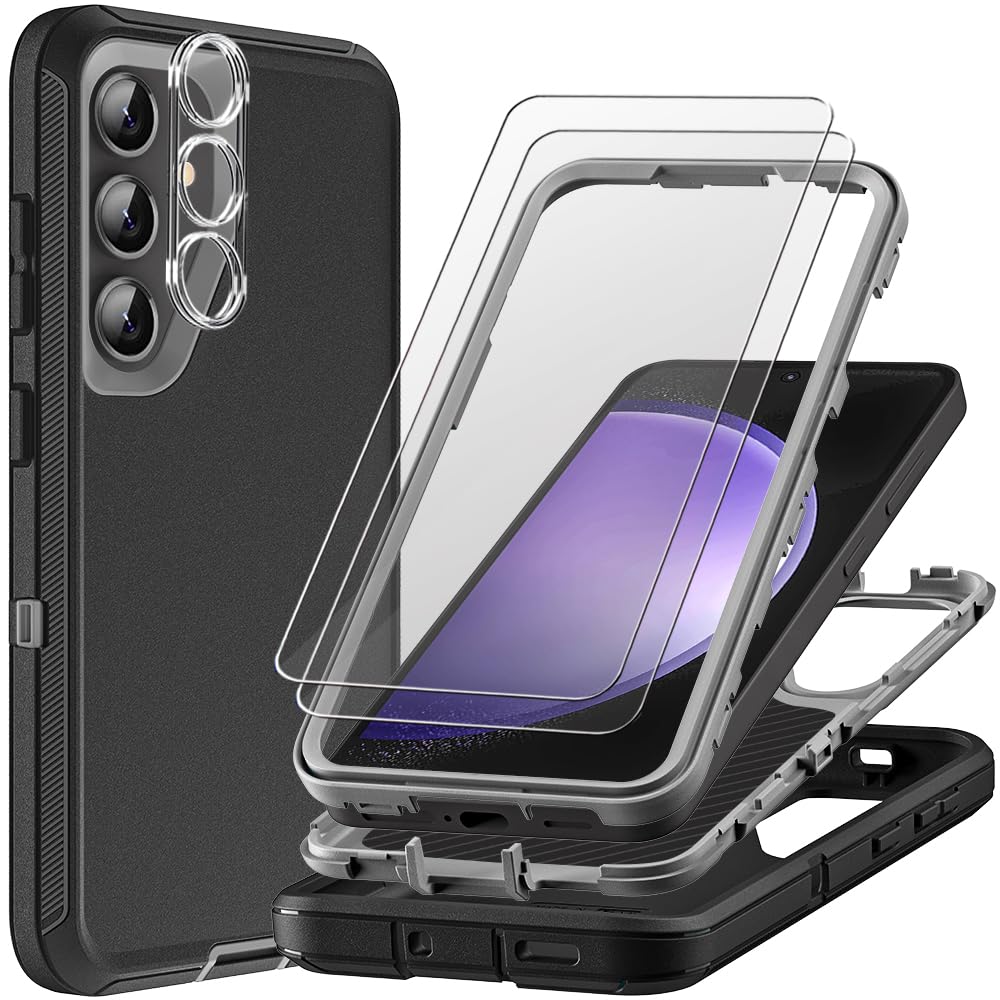 TFDSEUGH for Samsung Galaxy S23 FE Case with 2Pcs Tempered Glass Screen Protector and 1Pcs Camera Lens Protector, 3 in 1 Heavy Duty Shockproof/Drop