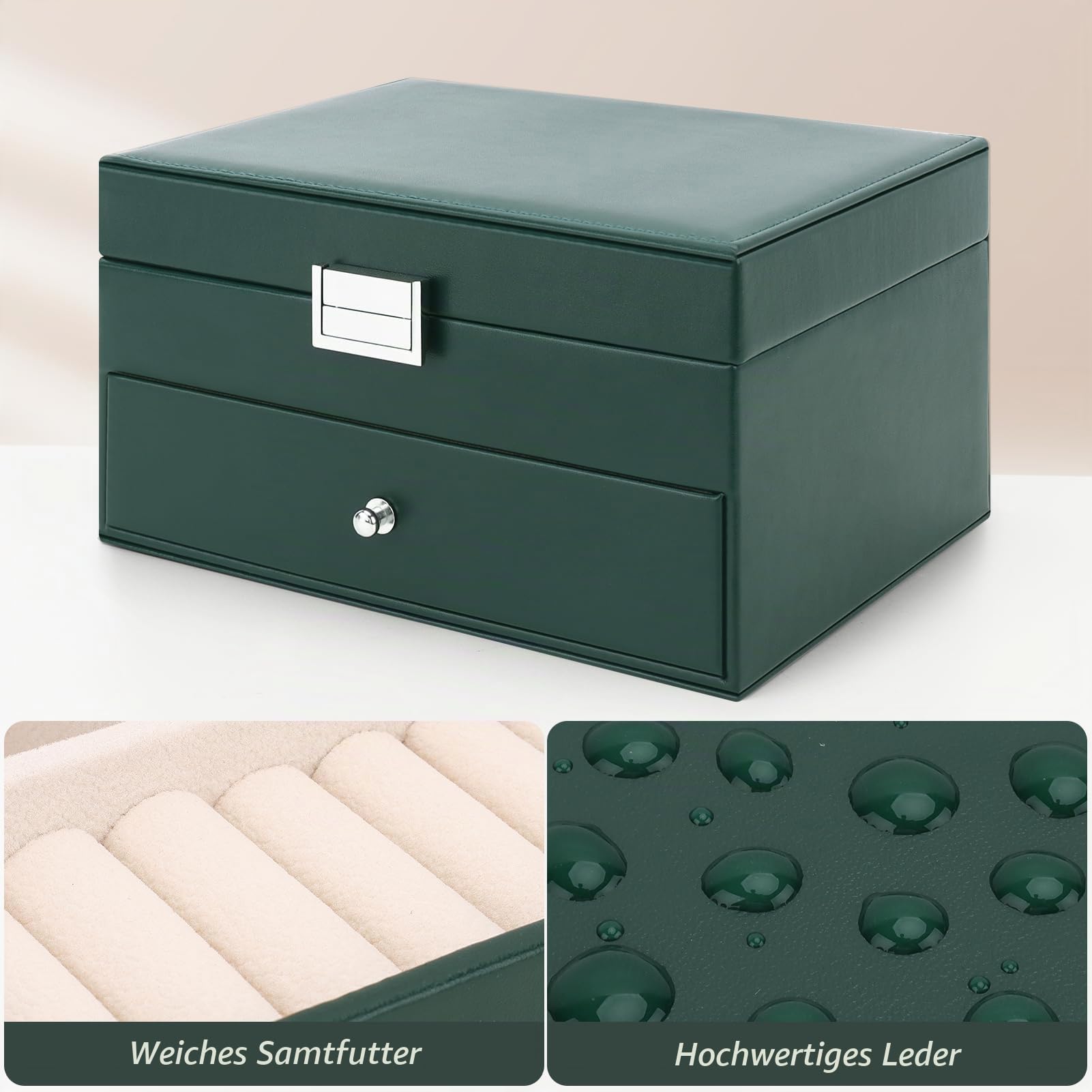 Schmuckkästchen mit 2 Ebenen mit Schubladen, Groß PU Leder Schmuckbox mit tragbarem Reise Schmuckkasten, Schmuckschatulle Damen Mädchen für Ringe, Ohrringe, Armbänder, Halsketten, Dunkelgrün