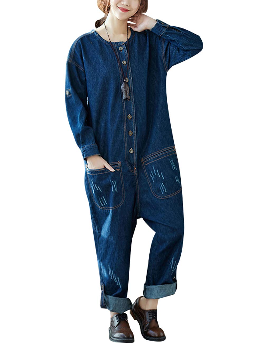 Bigasset Women's Cotton Wide Leg Jumpsuits Baggy Bibs Overalls Romper Pants