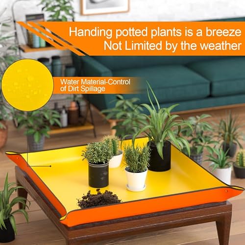Emycool 39.5\" x 39.5\" Extra Large Repotting Mat for Indoor Plants Transplanting and Mess Control, Waterproof Potting Soil Mat Portable Potting Tray Gardening Gift for Women, Orange - Thumbnail 3