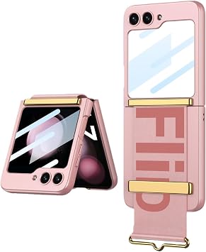 Ultra Thin Phone Case for Samsung Galaxy Z Flip 5 with Adjustable Wristband, Full Coverage Folding Cover for Flip5, Anti-Drop Hard Shell with Protective Film Pink