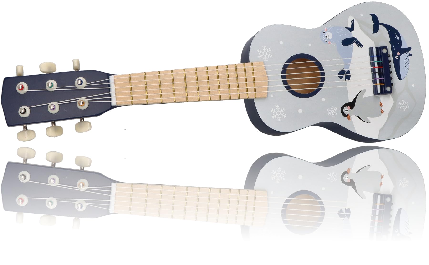 Holzspielzeug-Gitarre für Kinder ab 3 Jahren, 53x17x6 cm, 6-saitig mit Nylonsaiten – verziert mit Waldtieren und Noten – bemaltes Holz – Musikspielzeug für kleine Kinder