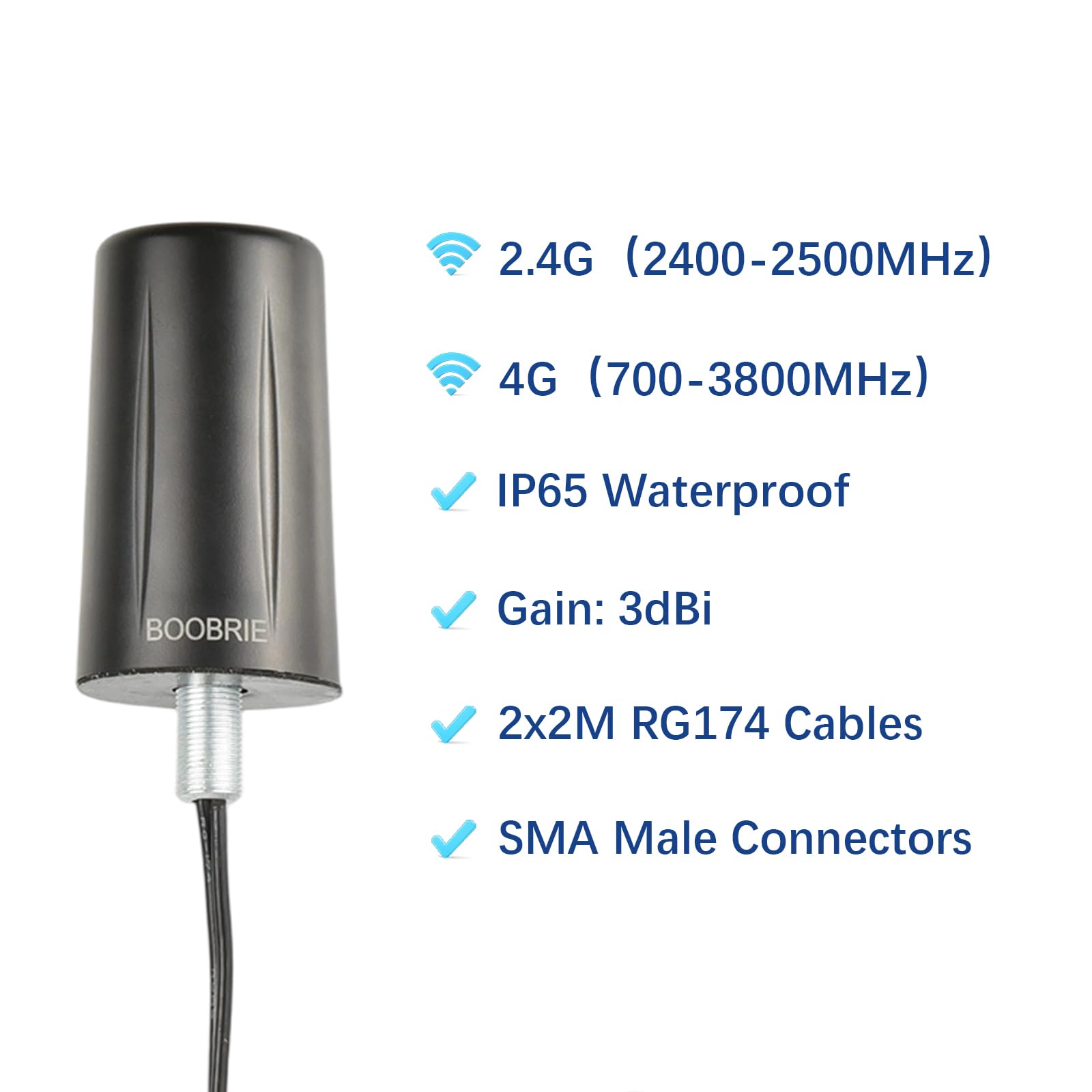 Antenna da Cabinet BOOBRIE 4G+2.4G Dual Band Alto Guadagno (700-3800MHz) Impermeabile con 2 Cavi RG174 2M e Connettore SMA - per IoT/Colonnine di Ricarica Smart/Reti Esterne