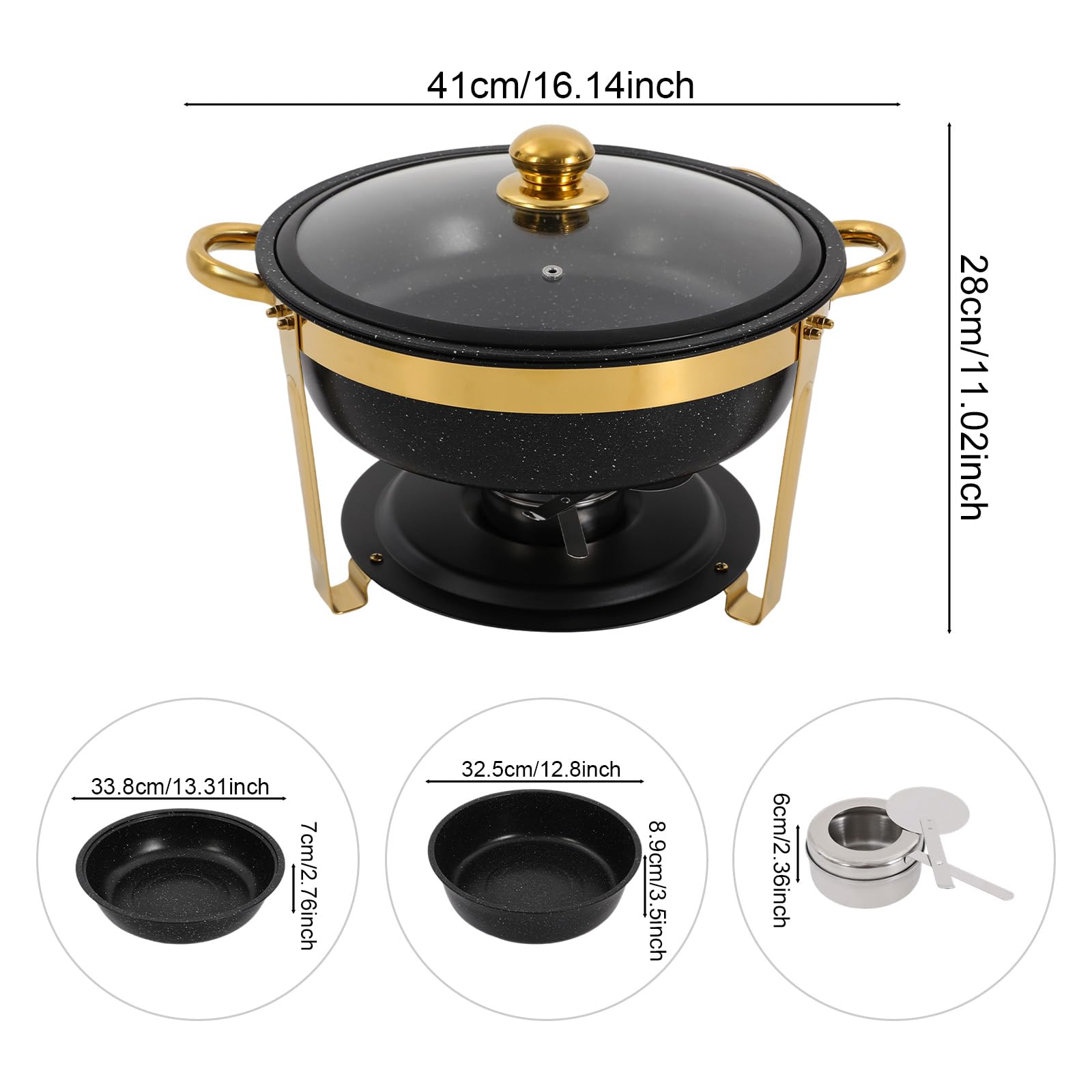 Calentadores Negros y Dorados for Buffet | Los marcos de acero inoxidable, las tapas de vidrio templado y las piezas apilables soportan el calor.(Gold)