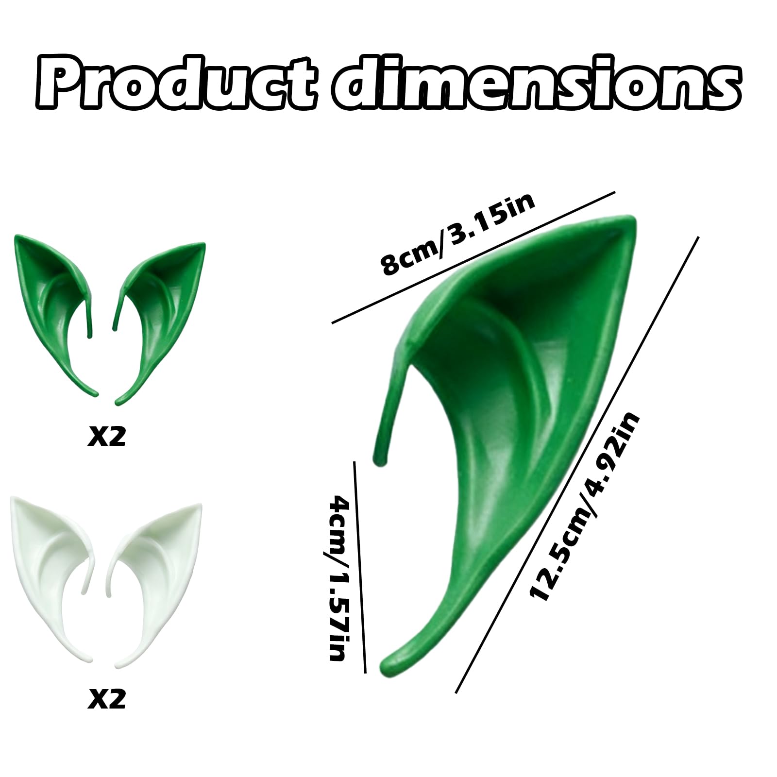 CBMZHF Cosplay Elf Ears, 4 works Green and White Soft Pointed Tips for Fantasy Dress Up Halloween, Christmas Costumes, 8cm Length - Image 2