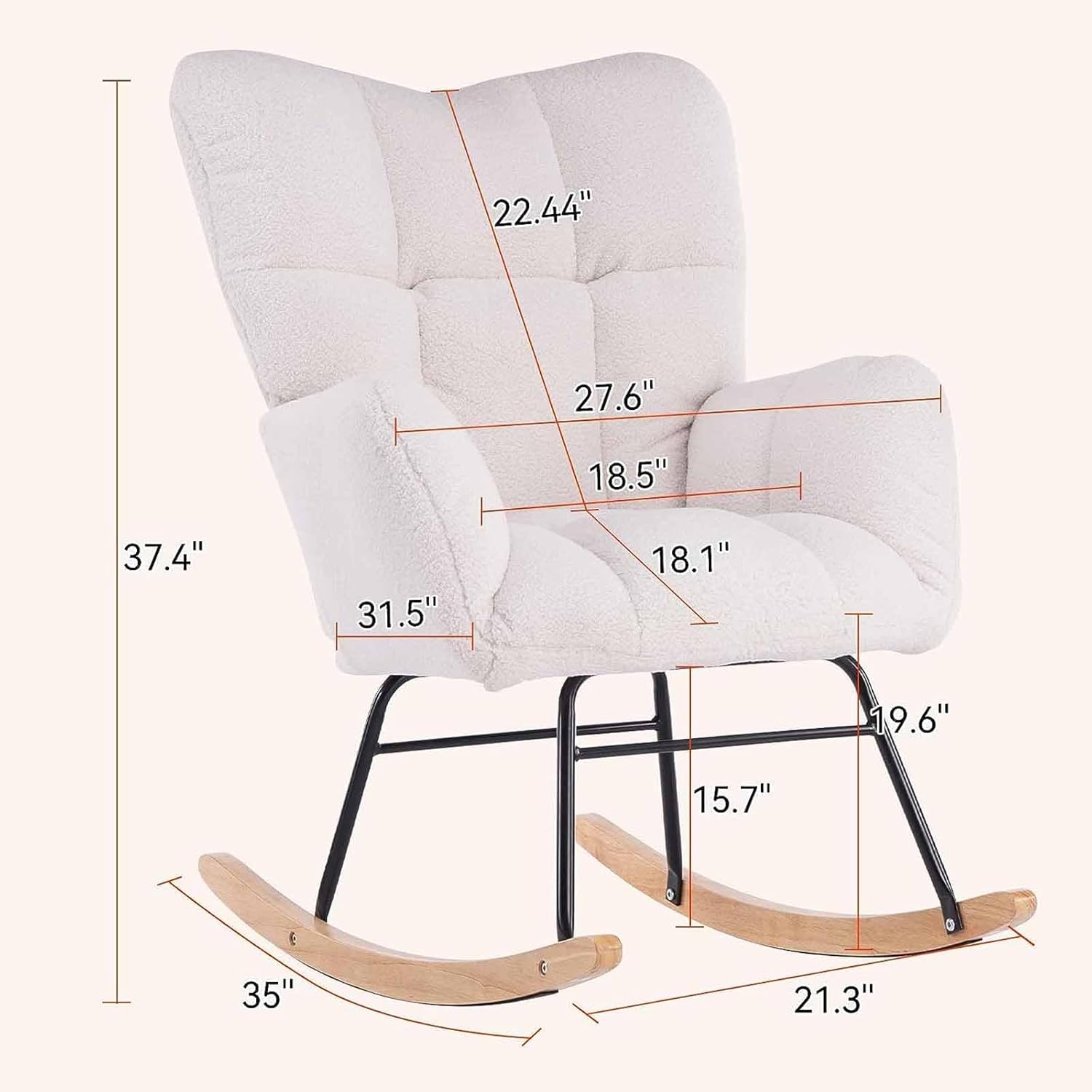 Nursery Rocking Chair Upholstered Glider Rocker Rocking Accent Chair with High Backrest Comfy Armchair with Padded Seat Soft Side Chair for Living Room Bedroom Office White