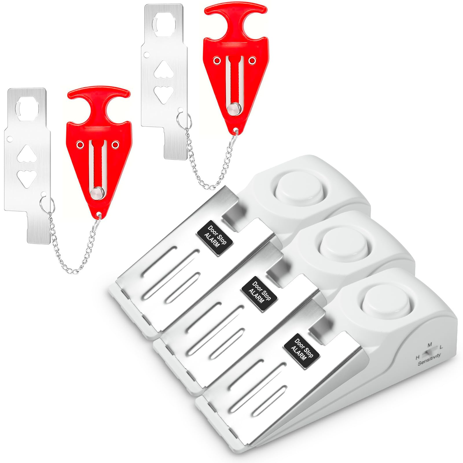 Alarma portátil de tope de puerta y cerradura de puerta de hotel de viaje, no requiere instalación, proporciona doble seguridad para el hogar, hotel y viajes (2 cerraduras de puerta + 3 topes