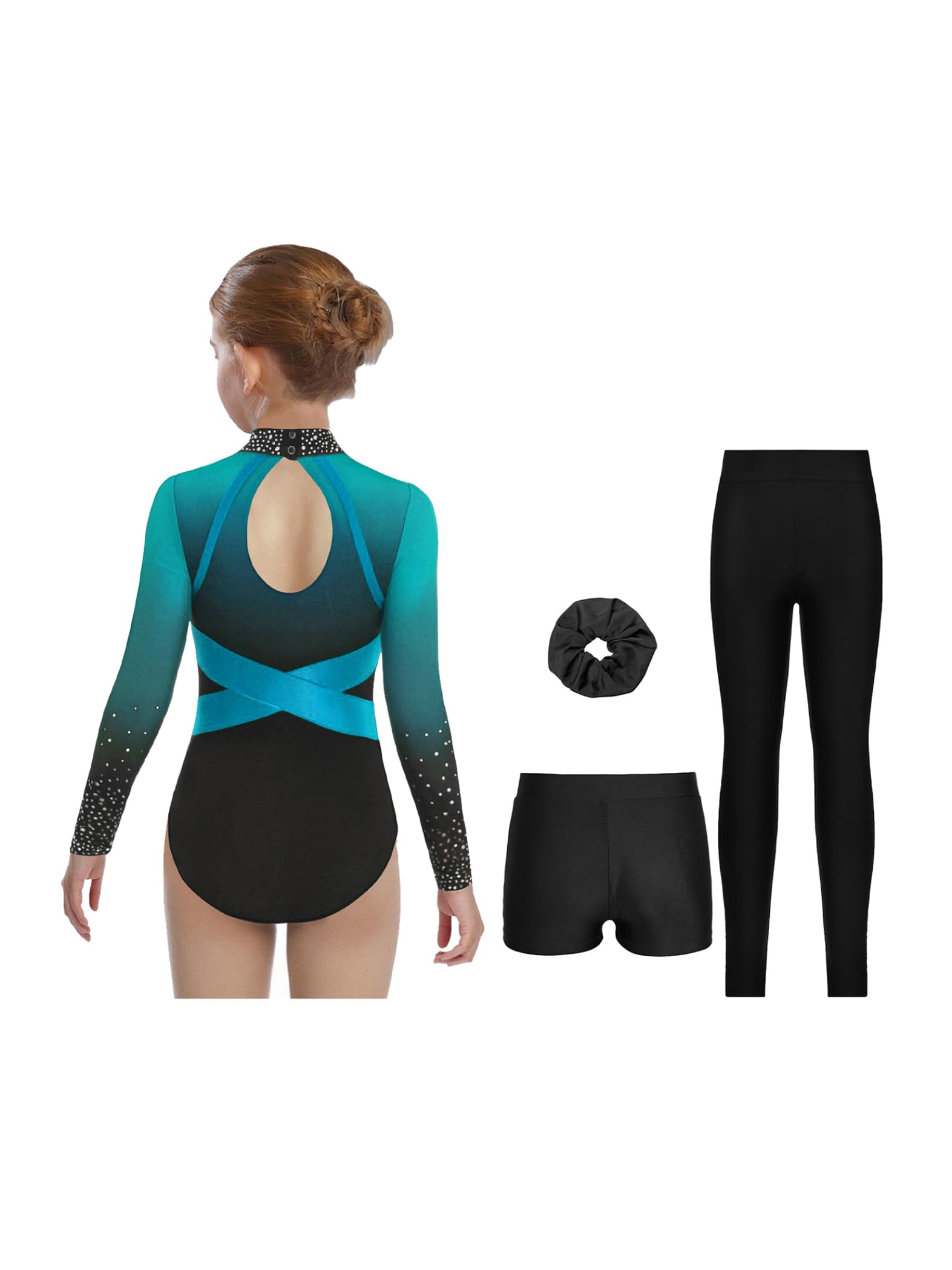 4tlg.Mädchen Turnanzug Glitzer Gymnastikanzug mit Shorts Hose und Haargummi Langarm Gymnastik Leotard Tanzkleidung Set