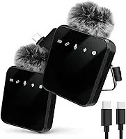 Microfone de Lapela Duplo Sem Fio USB-C – Áudio Profissional Estéreo, Redução de Ruídos– Ideal para Entrevistas, Vídeos, Aulas Online e Podcasts TikTok