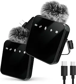 Microfone de Lapela Duplo Sem Fio USB-C – Áudio Profissional Estéreo, Redução de Ruídos– Ideal para Entrevistas, Vídeos, Aulas Online e Podcasts TikTok