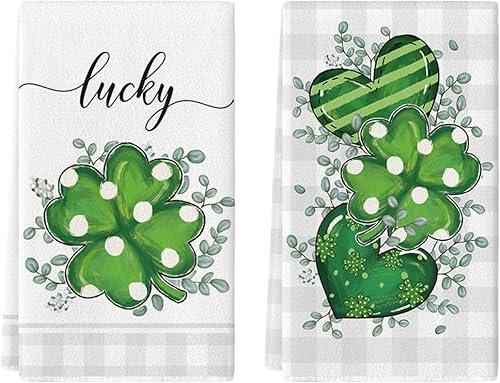 Artoid Mode Lucky Shamrock - Juego de 2 toallas de cocina de eucalipto para el día de San Patricio, 18 x 26 pulgadas, diseño de búfalo de corazón