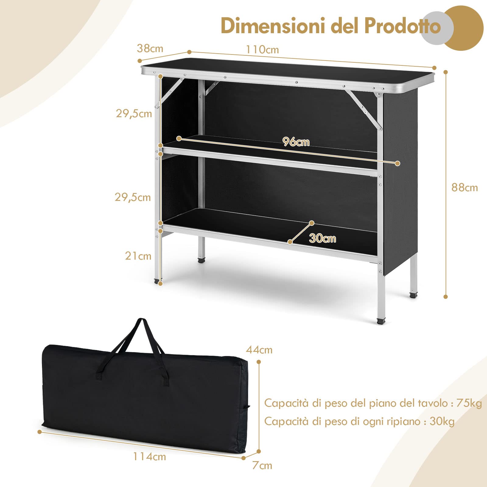 COSTWAY Cucina da Campeggio Pieghevole con Telaio in Alluminio 3 Ripiani Borsa Trasporto Nero