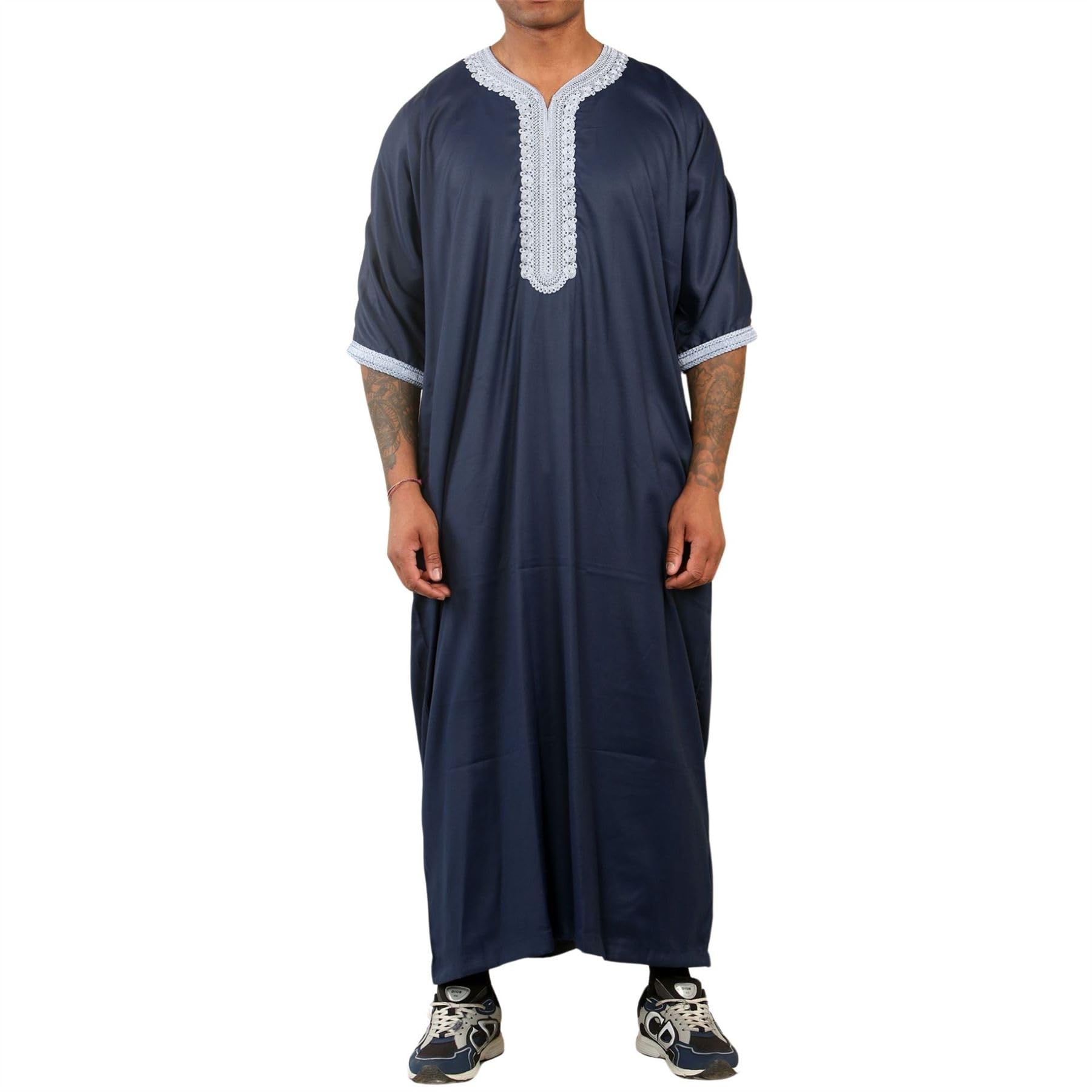 Thobez Men's Navy Blue Navy Moroccan Thobe Short Sleeve Gandoura Blue Embroidery Kaftan - 54