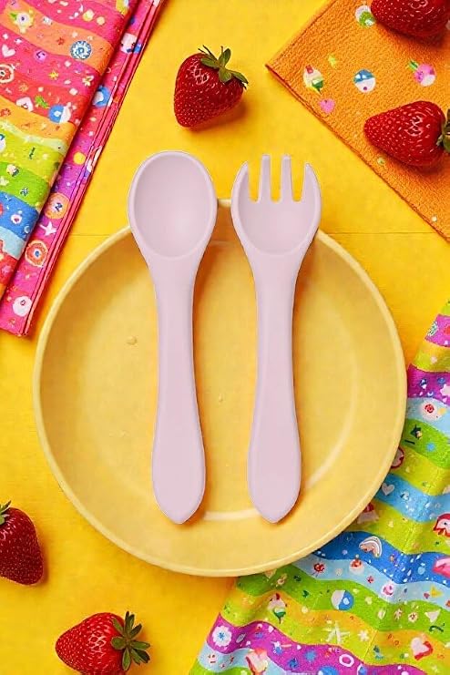 Silikon Bebek Beslenme Kaşık ve Çatal Seti, Pembe, 2 Parça, BPA İçermez, Bulaşık Makinesi Uyumlu, Modern