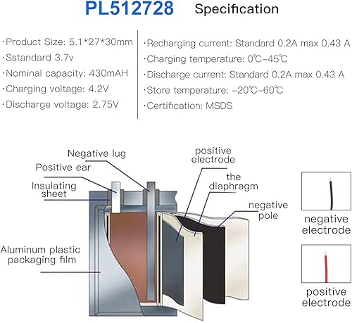 Miniatura 4 de Batería de 3.7V 430mAh 512728 Li-ion Li-Po recargable de iones de litio con conector de paso de 2P PH 0.079 in