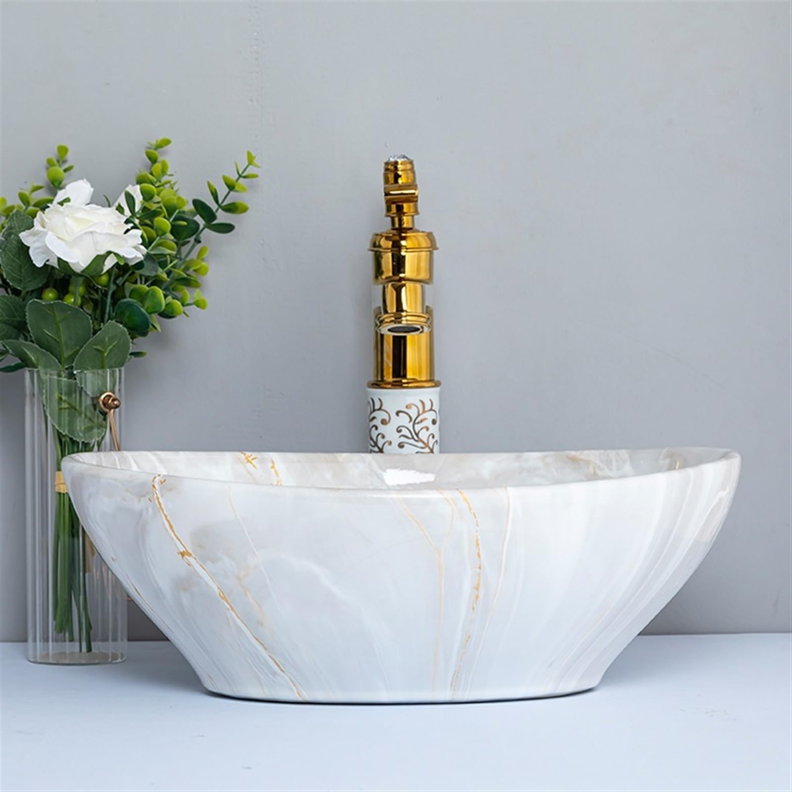 Lavabo de tocador Art Basin Lavabos de baño pequeños, Lavabo con encimera de cerámica con Textura de mármol de imitación, Lavabo con Accesorios Lavabo de baño