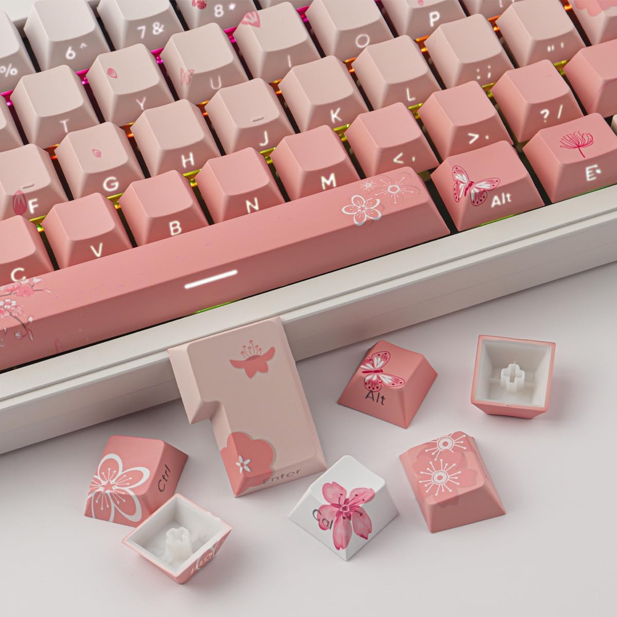 Tsungup PBT Keycaps Cherry Blossom Keycap Set - Custom Side Print Pink Keycaps,135 Keys Gradient DoubleShot Sakura Key caps Cherry Profile Keyboard Key caps for Mechanical Keyboards