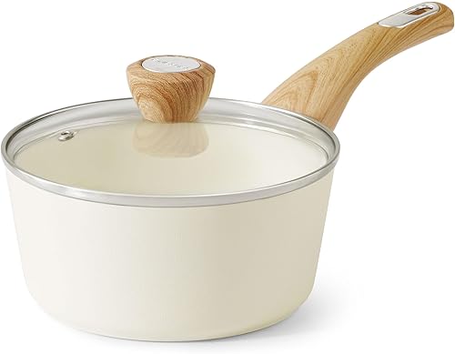 SENSARTE Sartén antiadherente de cerámica con tapa, cacerola pequeña de 2.0 cuartos de galón, olla de cocina blanca con mango Stay Cool, olla de